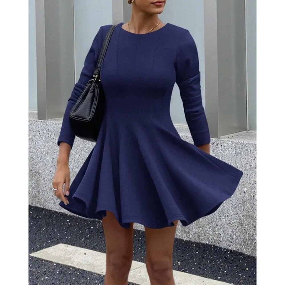 Women Navy High Waist Pleated Flowy A Line Long Sleeve Casual Fall Dress